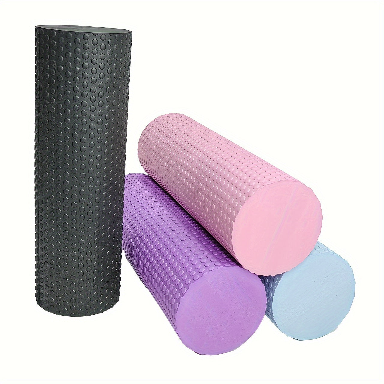 Premium EVA foam roller with textured surface for flexibility and muscle relaxation. Perfect for yoga, pilates, and fitness. Available in purple, blue, and black.