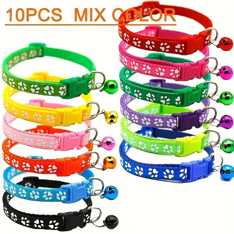 10 adjustable nylon pet collars with bells featuring vibrant cartoon paw & footprint design for dogs and cats