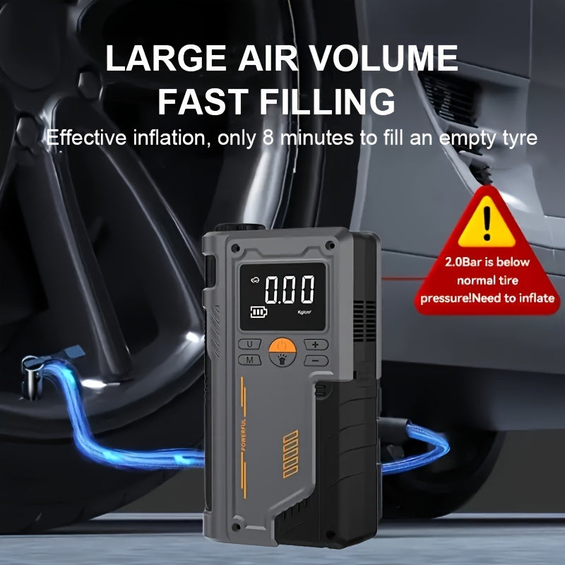 8000mAh portable car jump starter with tire inflator, air compressor, LED display, light, and dual USB/battery power. Suitable for use with cars, motorcycles, bikes, and at festivals.