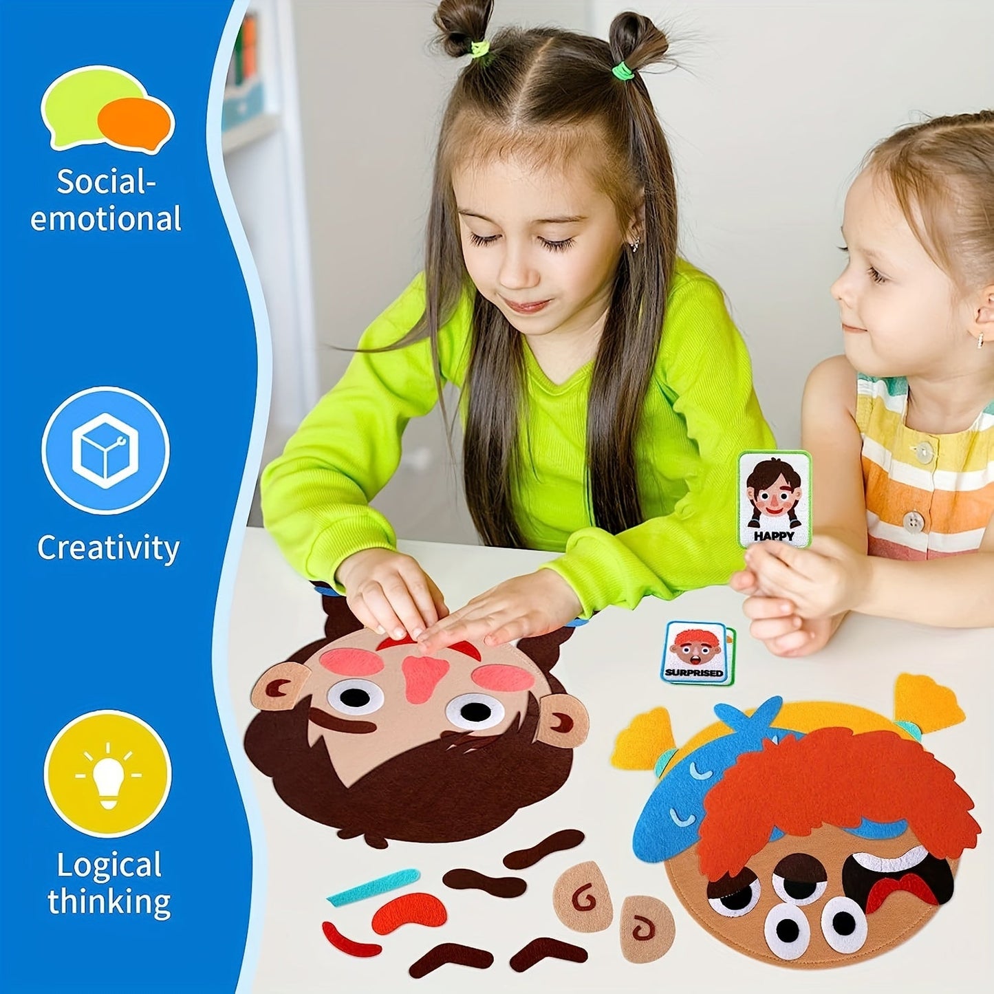 Craftstory offers a set of 86 social emotional learning activities for kids, including 2 face boards and 9 emotion cards for playing Making Faces games. These preschool learning activities also double as sensory autism therapy toys.