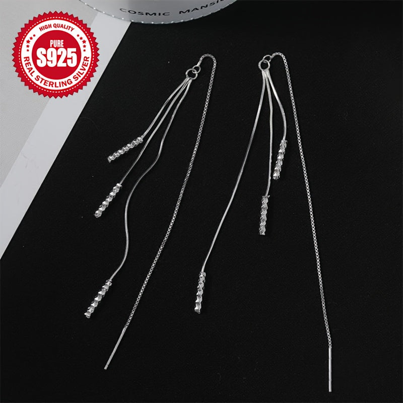 925 silver ear line with low allergy, featuring a silvery small tube tassel design with multiple chain ear line and angular texture. This elegant piece exudes a classic and versatile temperament, making it a perfect birthday, Christmas, or Valentine's