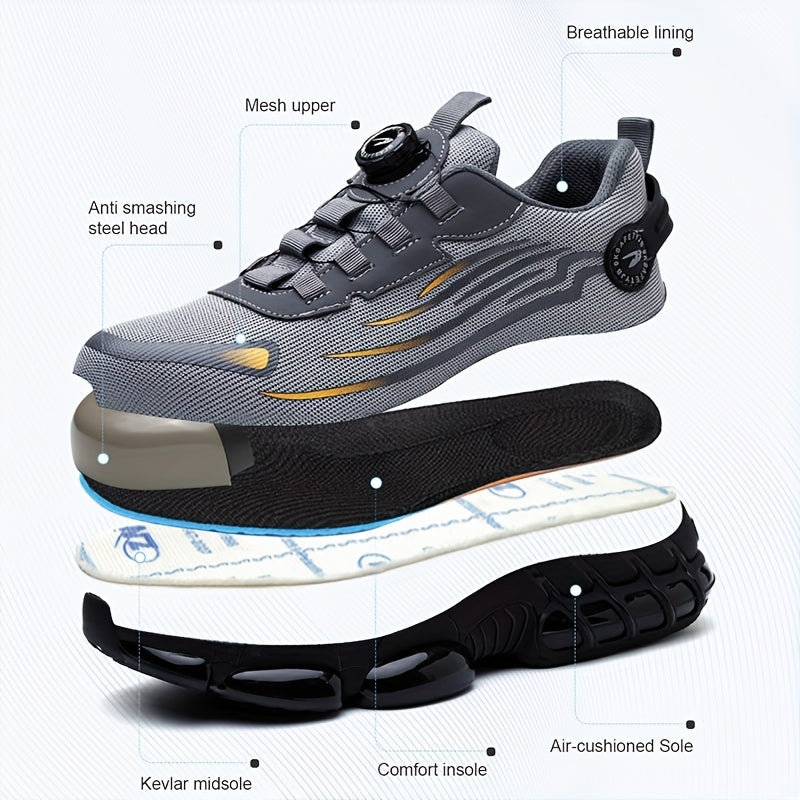 Safety shoes with anti-crush, anti-puncture, breathable, and protective features.