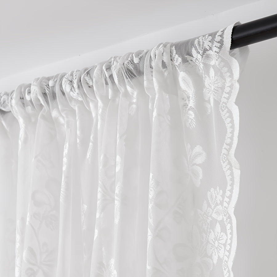 Elegantly designed Korean-style floral lace sheer curtain features a rod pocket design for easy hanging. Provides UV protection and is perfect for adding a touch of sophistication to living room and balcony decor.