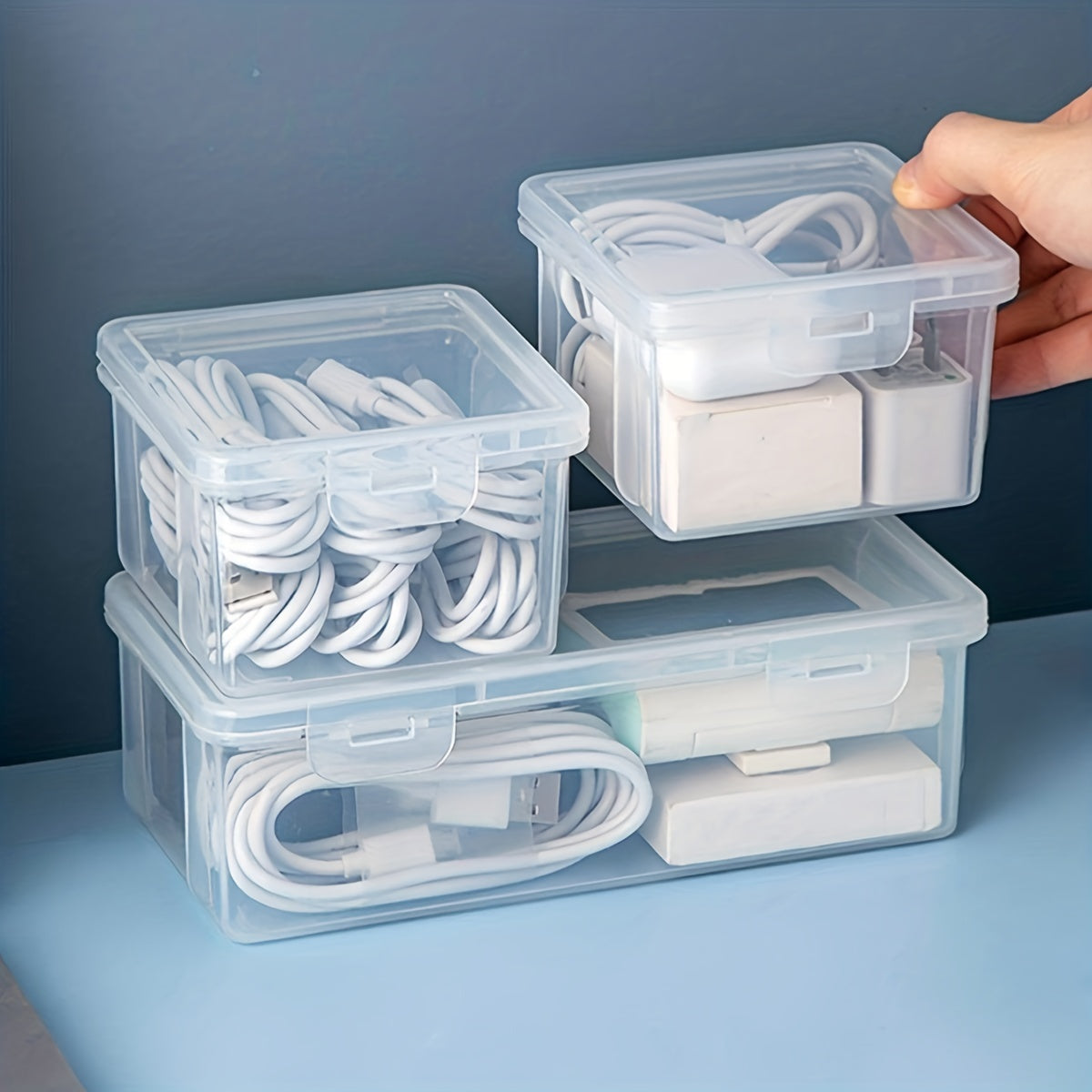 1pc Data Cable Storage Box with cover, ideal for storing phone charger, USB, and other accessories in kitchen, bathroom, or bedroom to save space.