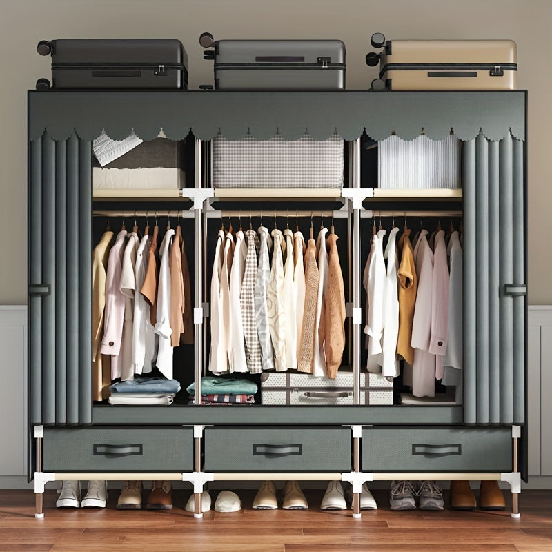 This modern wardrobe features a durable steel frame and sliding curtain for a sleek and space-saving design. Perfect for bedroom or dorm storage, this portable closet is both sturdy and stylish.