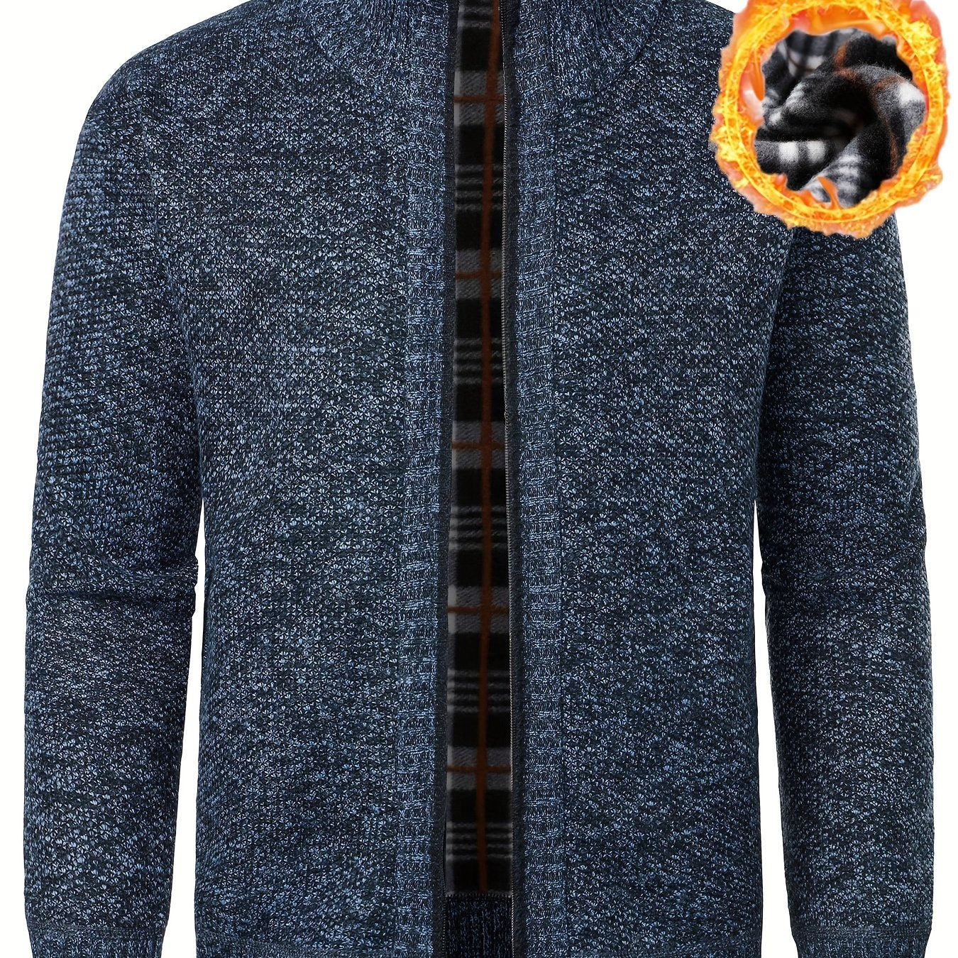 Men's zippered cardigan sweater made from 100% polyester knit fabric. Regular fit with slight stretch, stand collar, and zipper detail. Ideal for fall/winter outerwear.