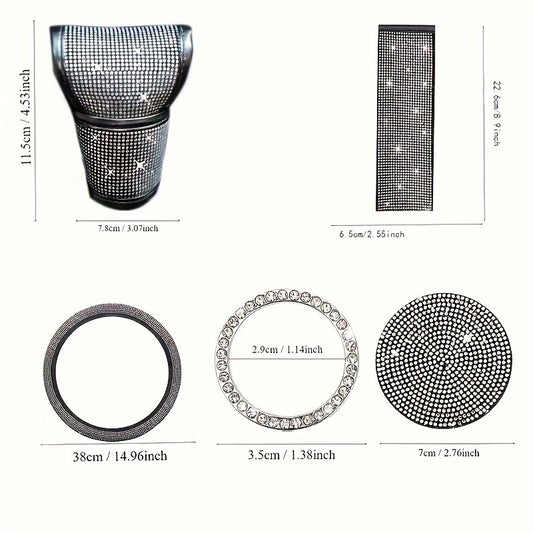 7 dona bling avtomobil rulini qoplash to'plami, stakan ushlagichi va uzatish tugmasi qopqog'i bilan. Polyester tolalaridan tayyorlangan, avtomobil olmosi bilan bezatilgan. Qo'ltiq yostiqchasi va ishga tushirish tugmasi kiradi.