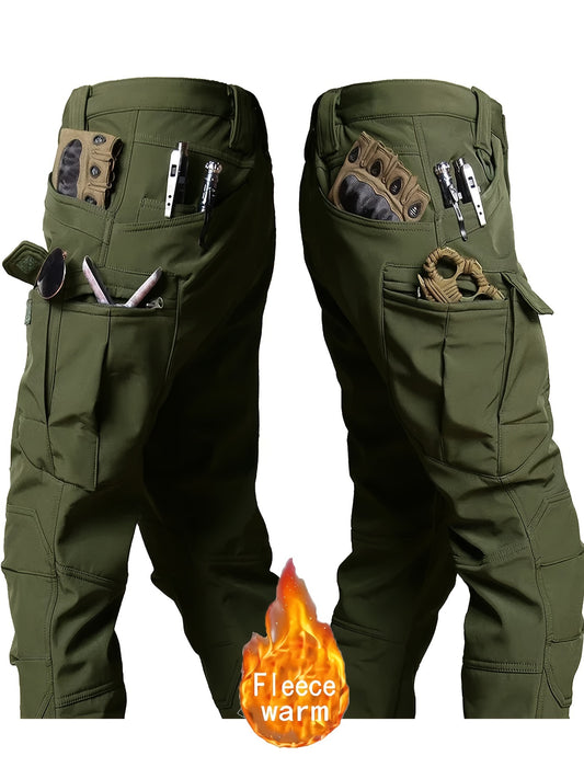 Men's fleece-lined tactical cargo pants with multiple pockets, windproof, soft shell, loose fit for autumn & winter. Olive green, polyester & spandex blend, machine washable.