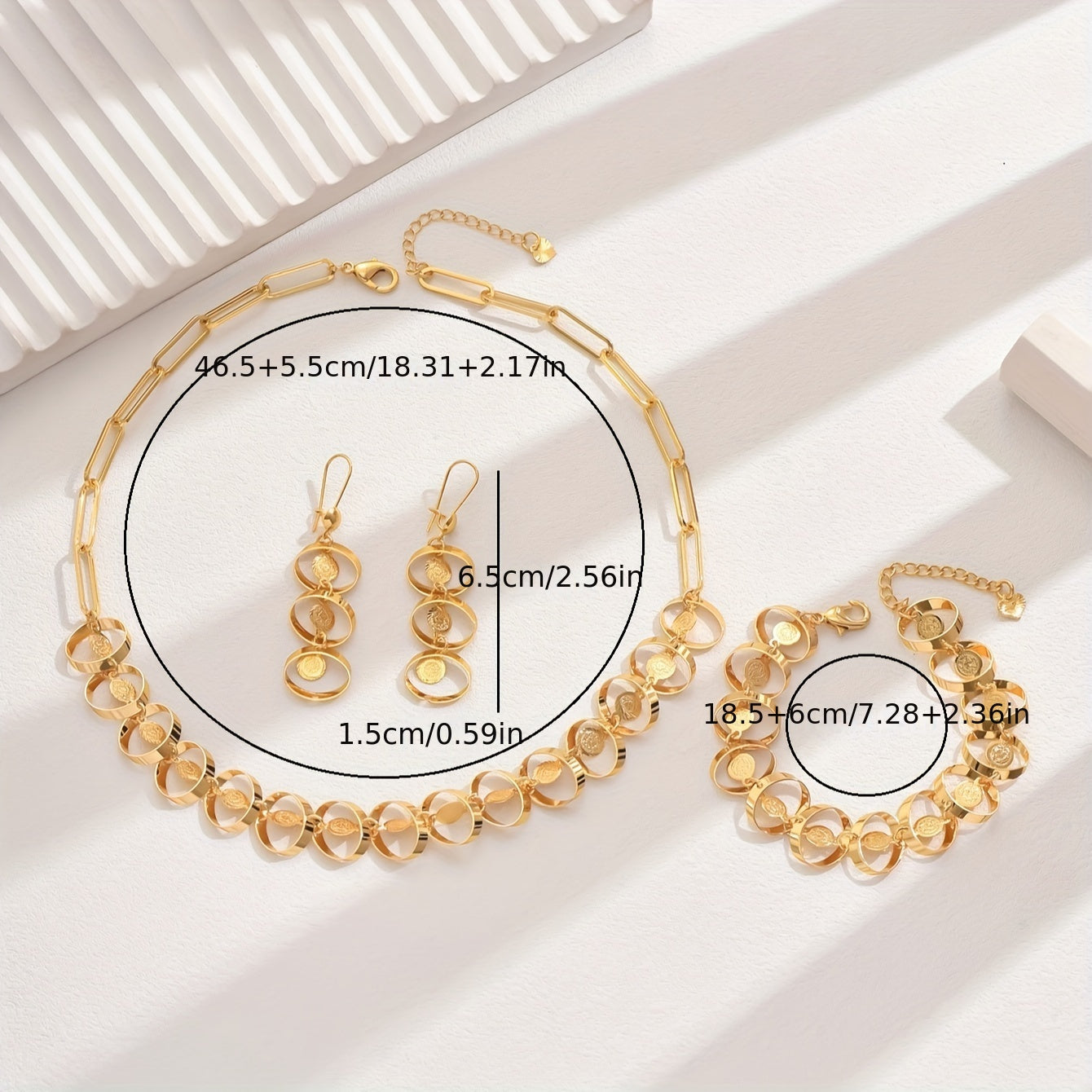 Set of four exquisite and elegant vintage-inspired women's jewelry pieces in 18K gold plating, perfect for a fashionable banquet. Includes a necklace, earrings, bracelet, and ornament.