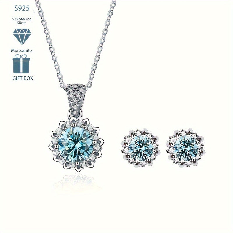 This stylish 4.5g S925 Silver Moissanite Necklace and Stud Earrings Set features a classic 1CT floral design. The set is silver-plated, making it perfect for parties, vacations, and as a Valentine's Day gift. This hot-selling fashion statement is sure to