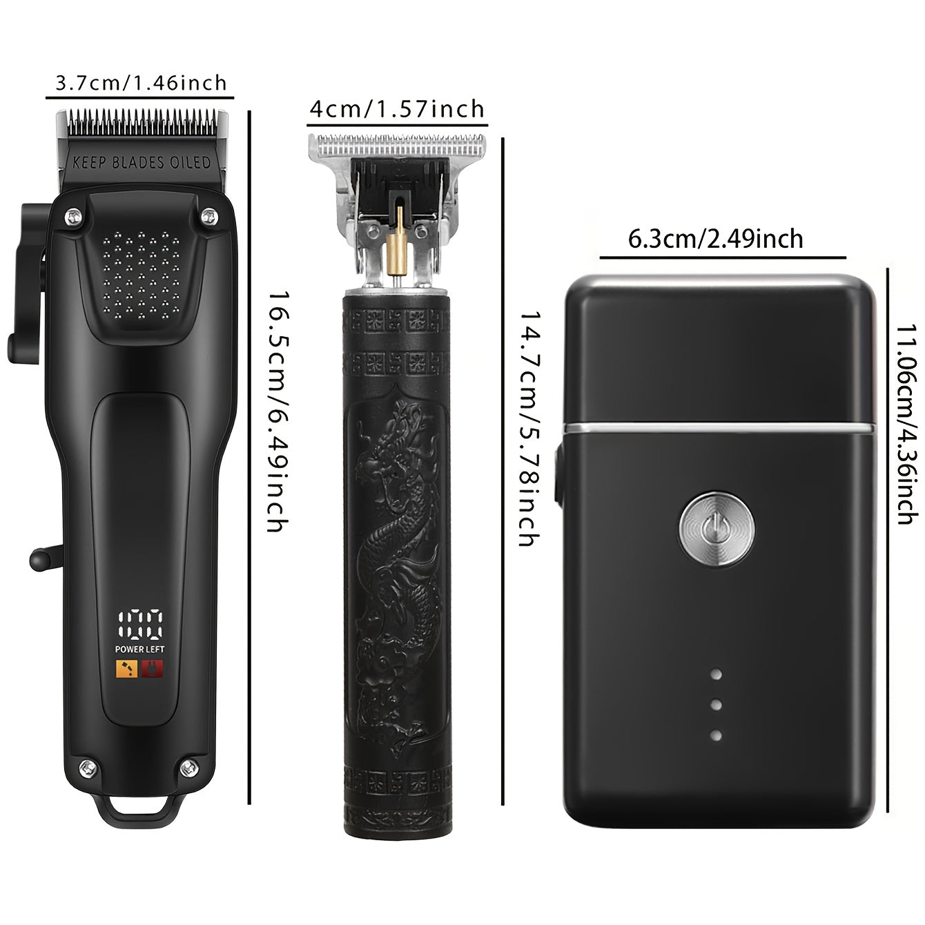 Men's hair and beard grooming kit with cordless clippers, trimmer set, and LED display. USB rechargeable and perfect for home use or gifting.