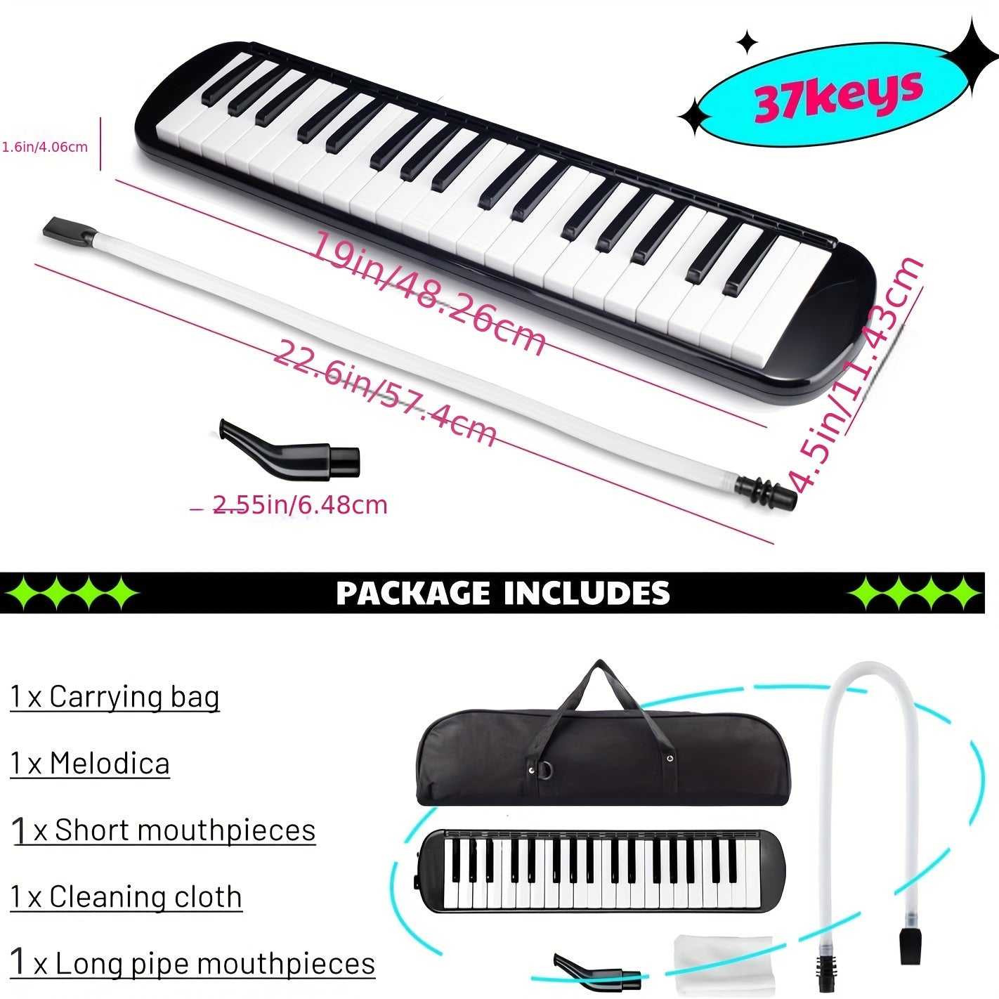 Eavanbaek 37-Key Soprano Melodica - Portable Air Piano Keyboard with Soft Long Tube, Short Mouthpiece & Carrying Bag - Offered in Black/Blue/Pink