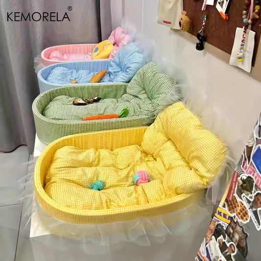 KEMORELA Princess Cat Sofa Bed: Luxurious, washable with removable cover and all-season comfort for cats and dogs. Vintage style available in pink, blue, green, and yellow with gauze edging