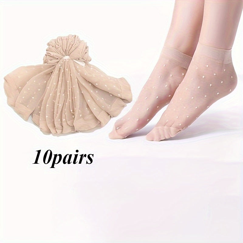 10 pairs of transparent, thin socks with skin color dot design, ideal for summer and short ankle styles.