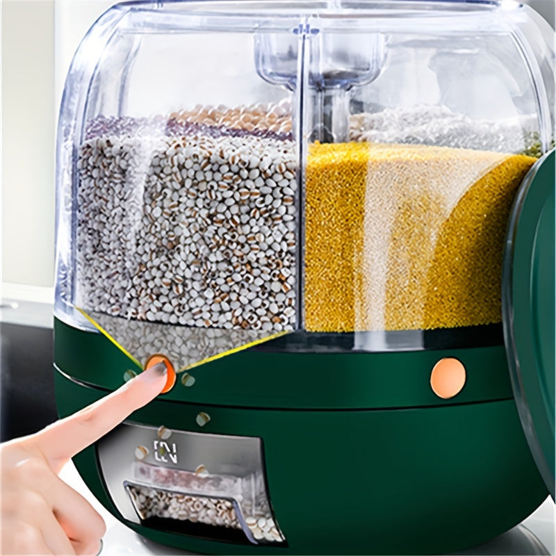 360-degree Rotating Grain Storage Box with 6 Compartments, Measuring Cup, and Automatic Rice Dispenser Button. Ideal for storing rice, cereals, grains, flours, pet food, and maintaining freshness. Perfect for organizing your kitchen supplies.