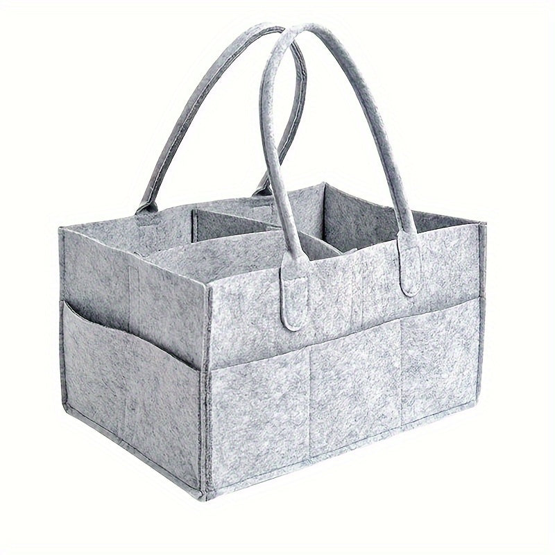 Diaper Storage Bag in Light Gray Felt with Handles - Collapsible and Divided for Convenient Organization of Diapers, Wipes, and Changing Supplies