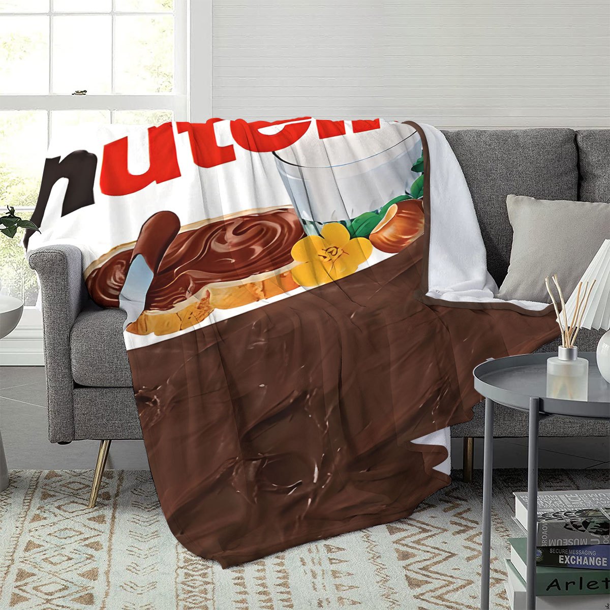 Stay cozy with this Nutella-inspired flannel throw blanket featuring a modern digital print. This stain-resistant blanket is perfect for all seasons and made with durable polyester knit fabric, ideal for home decor, office use, travel, and picnics.