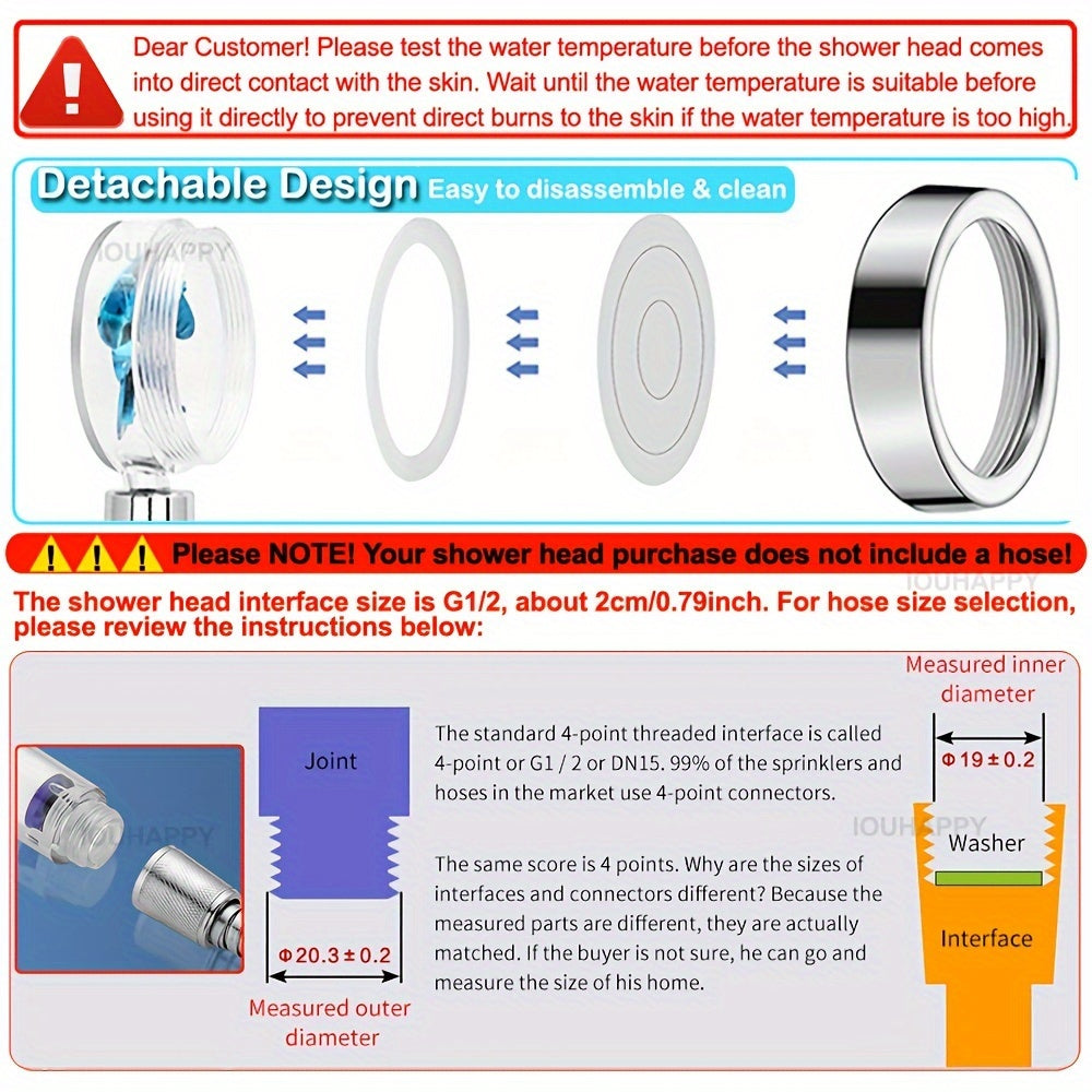 Turbocharged handheld shower head with high pressure and 5 filters for bathroom use.