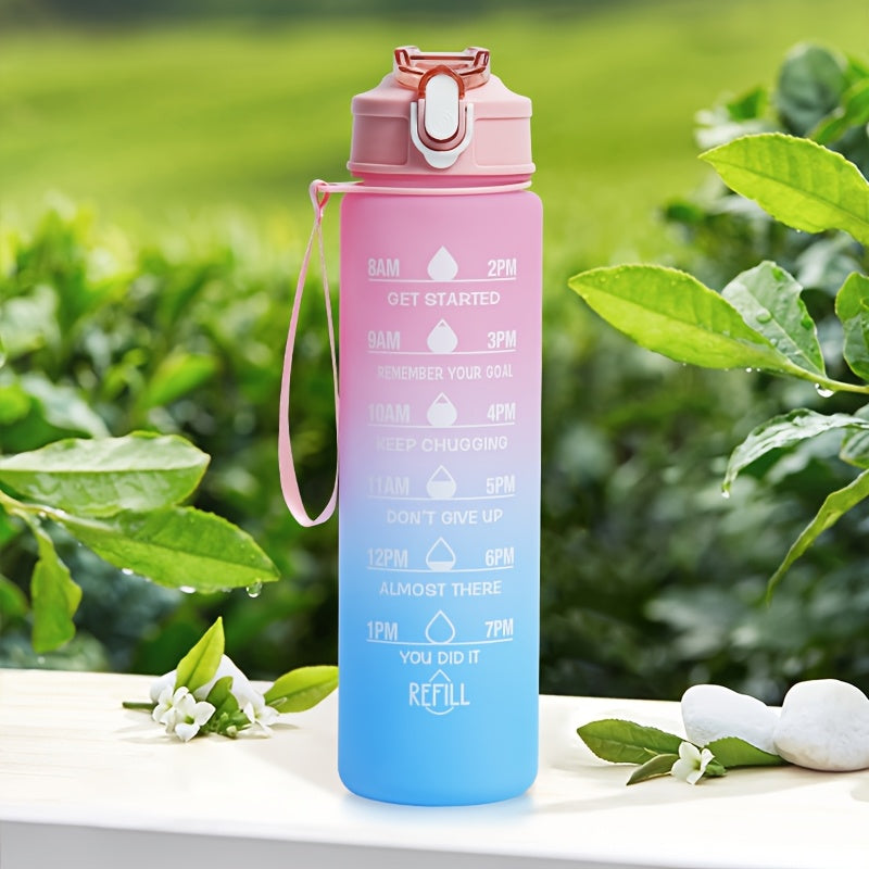 BPA-Free water bottle with time marker and carrying strap for fitness activities. Hand wash only.