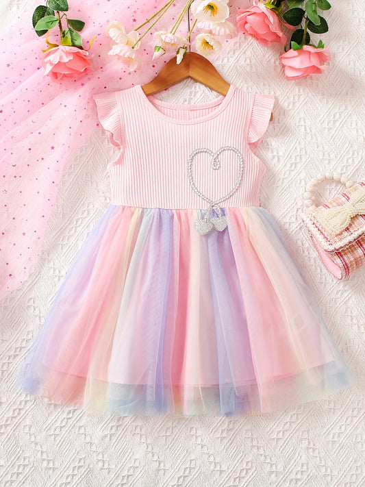 Rainbow tutu princess dress with rhinestone decor and flying sleeves for summer.