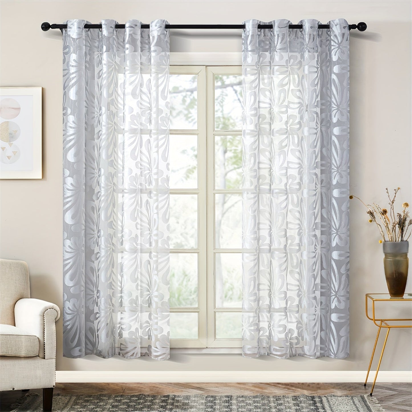 This Elegant Geometric Sheer Curtain Panel in Brown & White Floral Jacquard Design is made of lightweight polyester. It is machine washable and comes with eyelets for easy hanging. Ideal for enhancing the decor of your living room or bedroom.