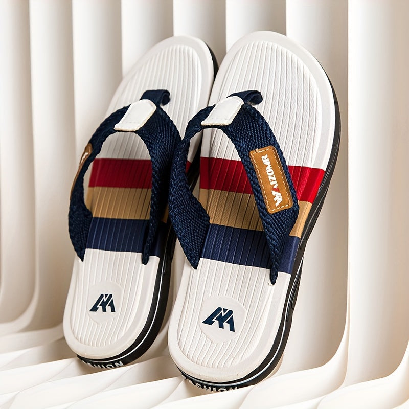 Stylish men's color block flip flops with non-slip rubber sole for indoor activities.