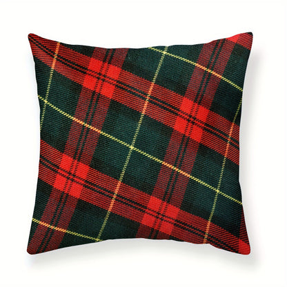 Red & green plaid pillowcase with classic Christmas design, polyester linen blend, zip closure. Ideal for home & party decor. Pillow insert not included.