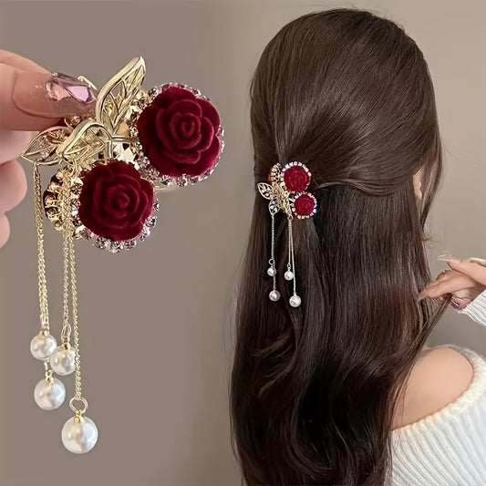 2 Elegant Vintage Rose Cherry Hair Claw Clips with Faux Pearl for Women, Red Floral Ponytail Clips with Rhinestone Tassels for Valentine's Day.