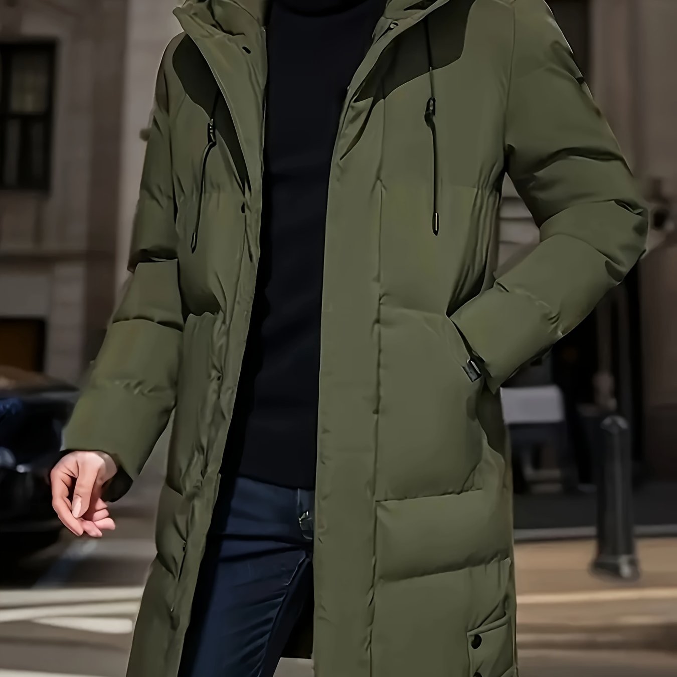 Men's casual hooded jacket made of 100% polyester with a solid color, regular fit, non-stretch fabric, zipper detail, and warm winter coat features.