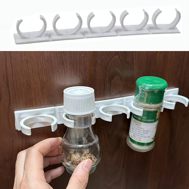 Adjustable Plastic Kitchen Spice Bottle Holder with Wall-Mounted Adhesive Hooks, Small Storage Rack, White - No Batteries Needed