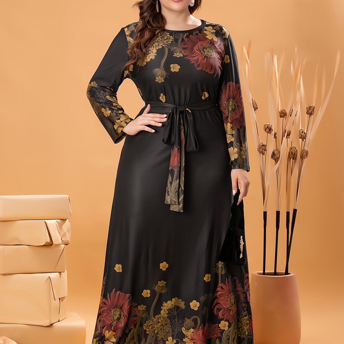 Elegant plus size floral print dress with belt, stretchy polyester, long sleeves, round neckline, A-line silhouette, machine washable, perfect for all seasons, casual outdoor wear.