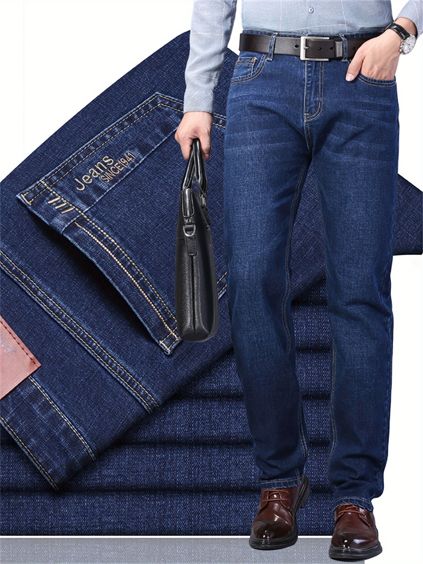 Men's casual cotton blend jeans with pockets, ideal for outdoor activities.