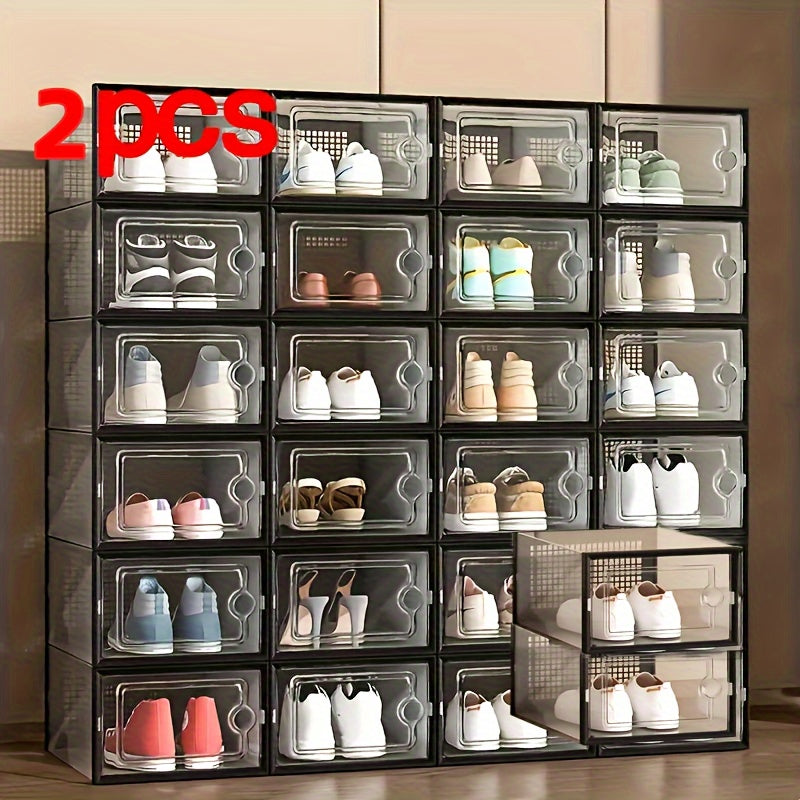 An assortment of clear plastic shoe containers in different dimensions, created for easy stacking and acting as multiple-tier shoe storage units that keep dust at bay. These adaptable shoe organizers are ideal for showcasing in homes and dorm rooms