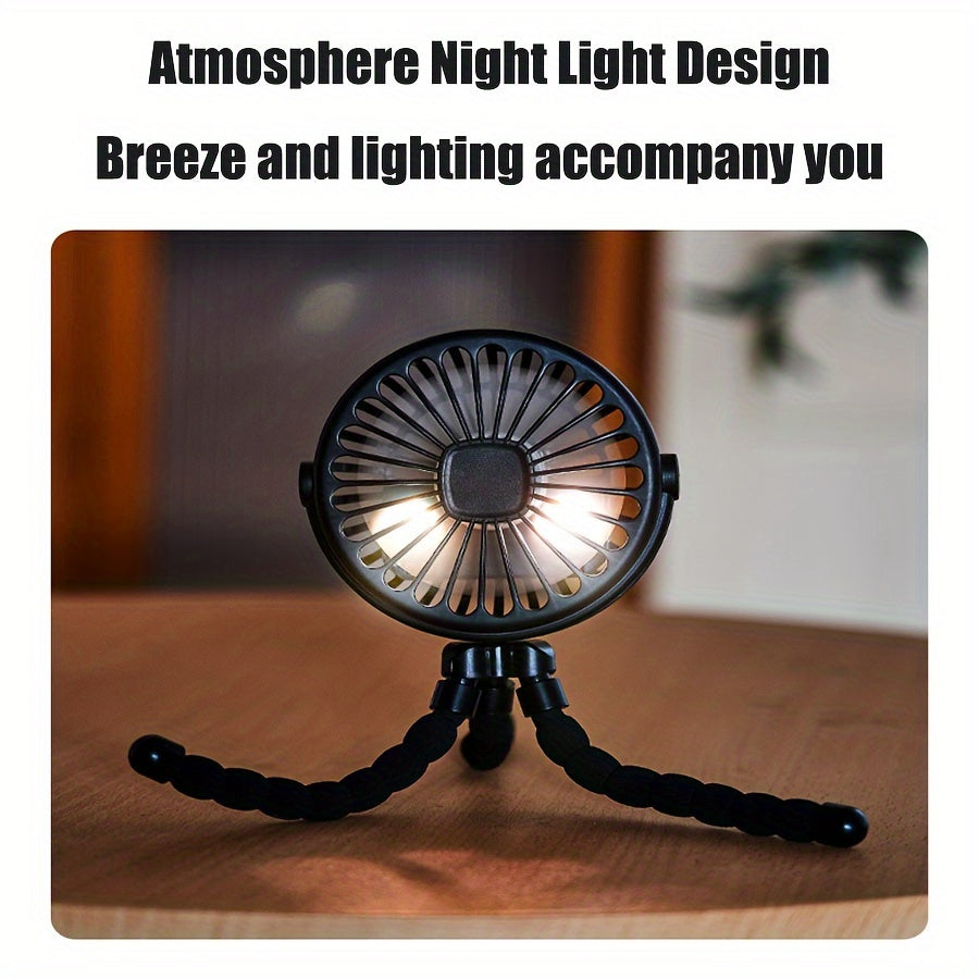 Enjoy daily convenience with this versatile 3-speed portable fan featuring a flexible tripod. Whether you need a quiet fan for your stroller, desk, bike, or camping trip, this USB rechargeable and battery-powered fan has you covered. It includes an AA