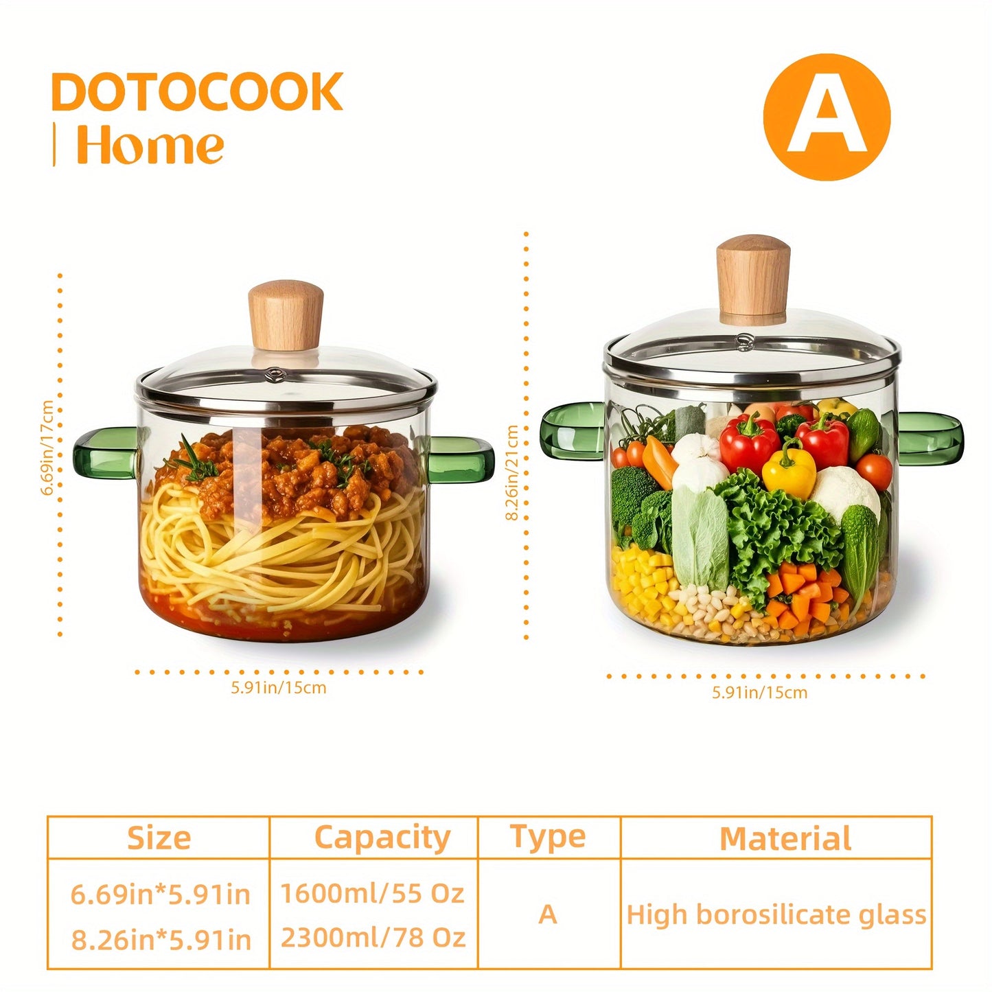 Clear Glass Saucepan Set with Lid - Includes 2 Pieces, Versatile Stockpot with Yellow/Green Handle - Great for Cooking Noodles, Red Wine, and Hot Milk - Perfect for Both Home and Restaurant Cooking