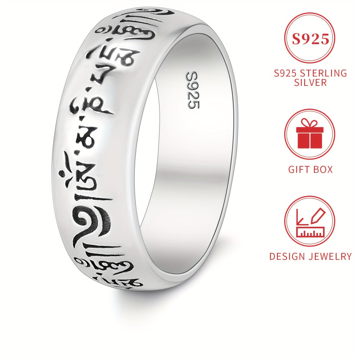 Vintage Ethnic Style 925 Sterling Silver Ring, 5g, Unisex, Hypoallergenic, Nickel-Free, Engraved with Mantra, Celestial Symbol and Solid Silver Plating. Ideal for Everyday Wear and Gifting, Comes in a Gift Box for presentation.