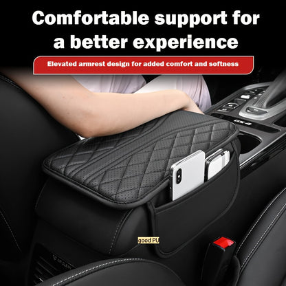 Luxurious PU Leather Car Armrest Cushion with Ventilation Holes, Side Pockets, and Ergonomic Design for Comfort and Organization.