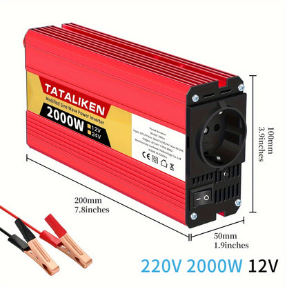 2500W-600W car power inverter with multi-function charger plug, converting DC 12V to AC 220V. Includes USB charger for RV, travel, and Euro regulation sockets. No battery required.