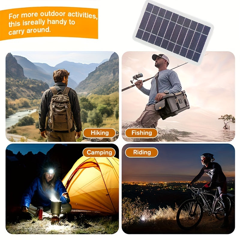 Portable outdoor solar USB charger with movable solar panel for charging phones, flashlights, and fans, ideal for travel, camping, and outings with pets.