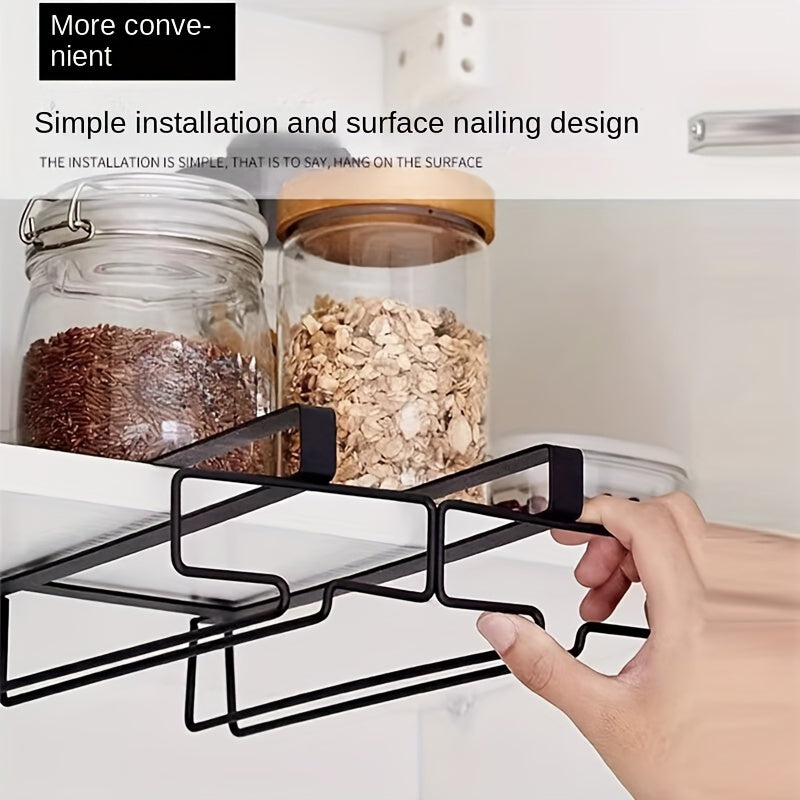 Black Metal Hanging Wine Glass Rack, 1 Piece, No-Drill Installation, Under Cabinet Stemware Storage Organizer, Space-Saving Design for Contemporary Kitchens