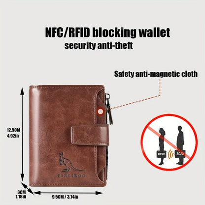 Men's PU leather wallet with RFID blocking, zipper closure, coin purse, and durable polyester interior.