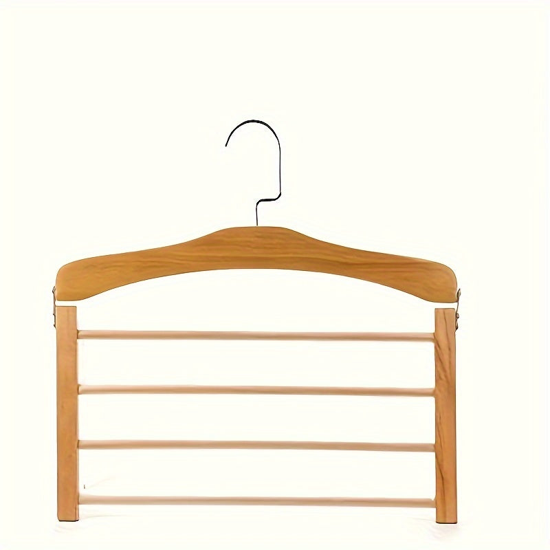 Wooden multi-layered hanger designed for hanging pants, hats, scarves, and belts. Features a no-mark hanging system and serves as a closet organizer for both home and dorm use.