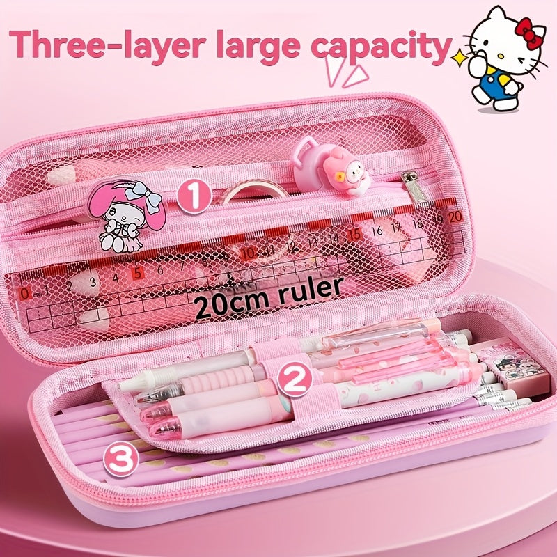 One Sanrio large capacity pencil case with cute cartoon pattern, suitable for organizing school and office supplies. Durable and suitable for pencils, markers, and stationery.