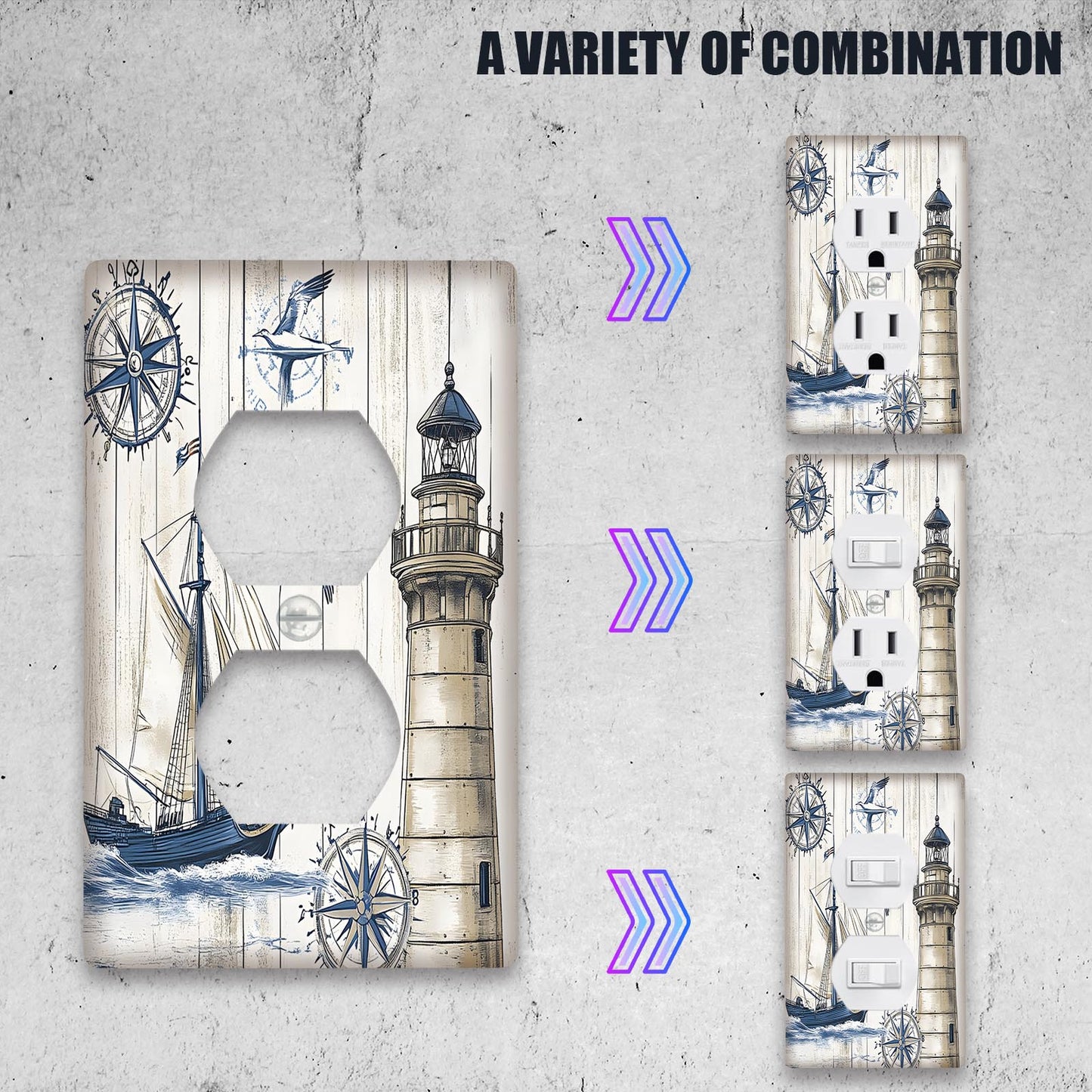 Nautical sailboat lighthouse print switch plate cover for easy-to-clean home decor, available in 1-gang or 2-gang sizes.