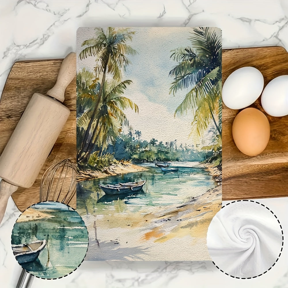 Two pieces of Tropical Lagoon Kitchen Towels made from super absorbent polyester knit fabric. Machine washable with a contemporary coastal style. Each towel measures 40.64x60.96 cm. Item number: 2KYSYS1218413.