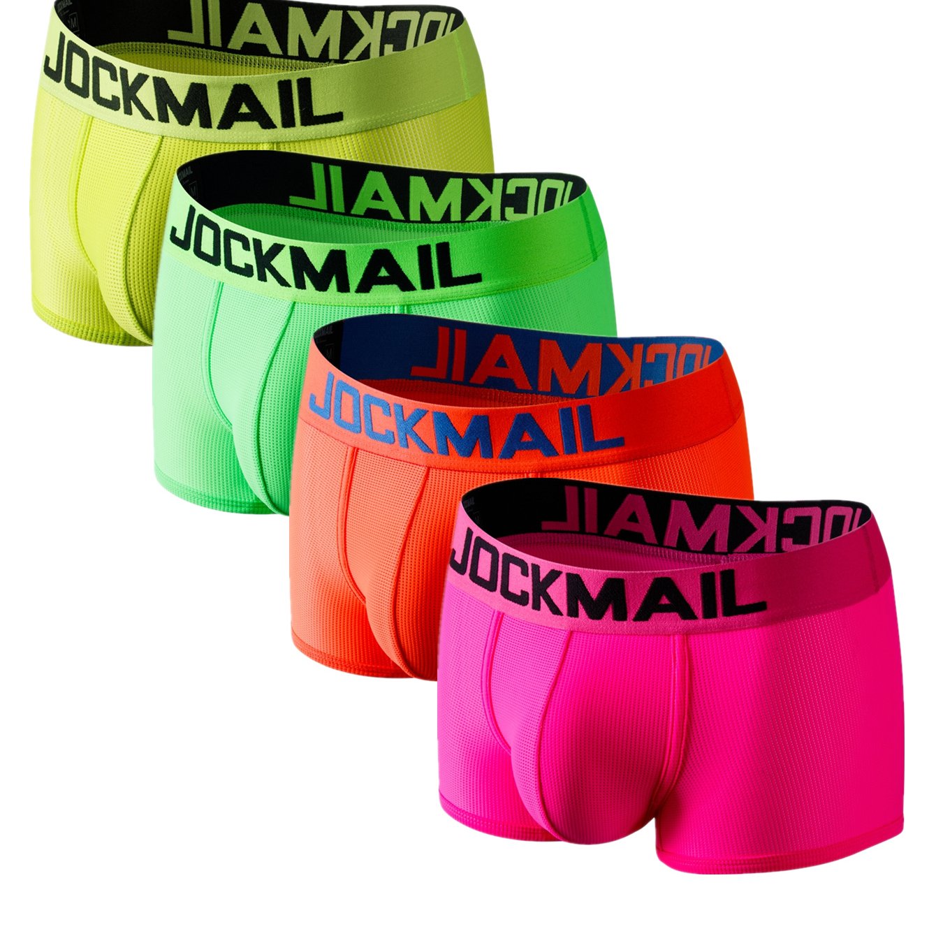 4 JOCKMAIL Men's Neon Low-Waist Boxer Briefs - Breathable Mesh & Quick-Dry Microfiber, Elastic Waistband, Vibrant Colors with "JOCKMAIL" Print - Perfect for Sports & Casual Wear.