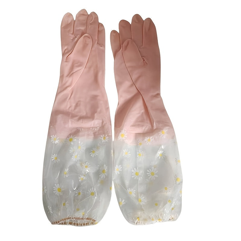 1 pair of elegant, long-sleeve waterproof kitchen gloves made from durable, lead-free latex for efficient home cleaning