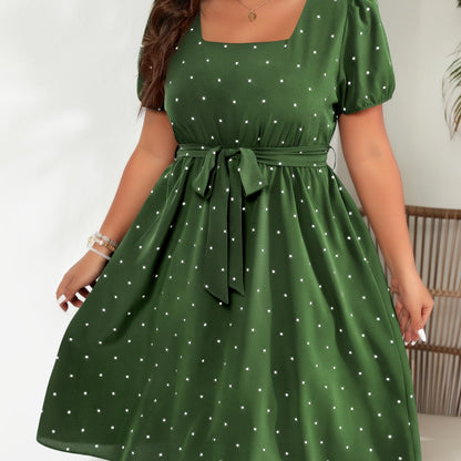 Polka Dot Print Dress - Square Neck, Short Sleeve, Belted - Plus Size Women's Clothing