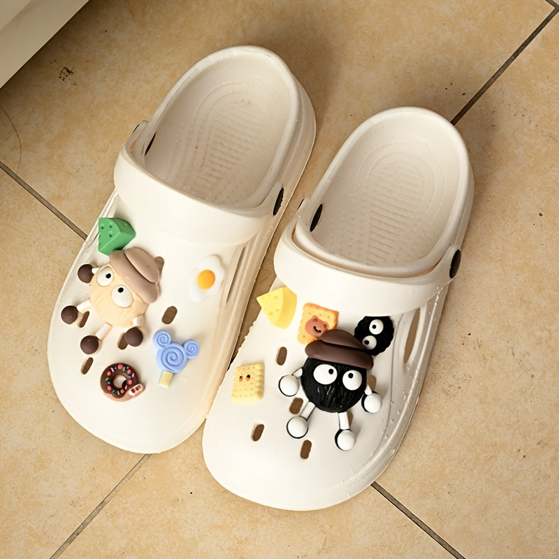 Beige EVA Clogs with Food & Cartoon Charms - Comfortable Slip-On Sandals for All Seasons, Easy to Clean