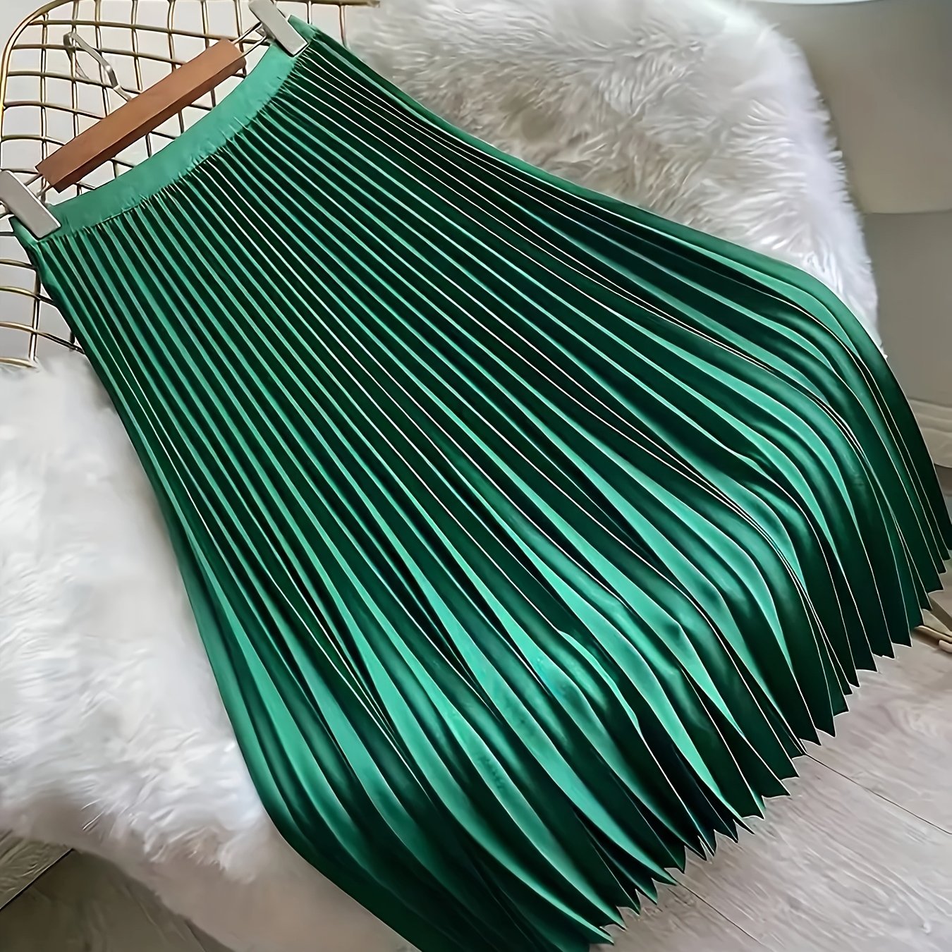 Elegant green satin pleated skirt for women, high-waisted with flowing design, perfect for spring/summer/fall, hand wash only, made of polyester blend, maxi skirt.